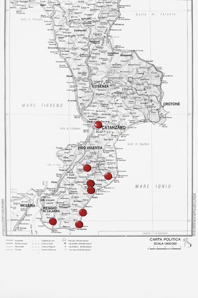 A map of Calabria with the places where the eight were kidnapped.