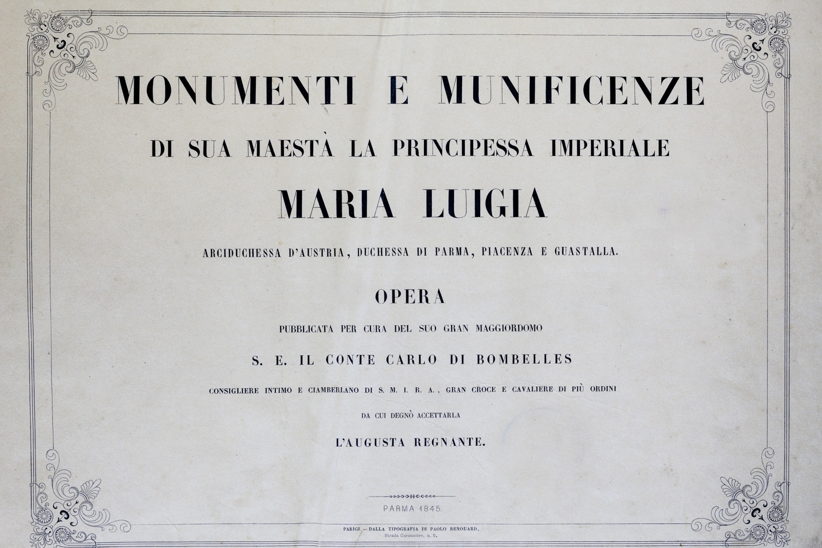 Riproduzione anastatica del frontespizio del volume, conservato all'Archivio di Stato di Parma.
