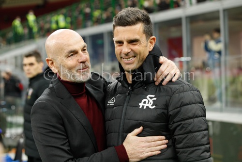 Thiago Motta (Spezia manager) and Stefano Pioli (ac Milan manager)